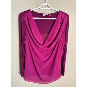 DKNY Womens Purple Cowl Neck Layered Top L Professional Office Career Stretch